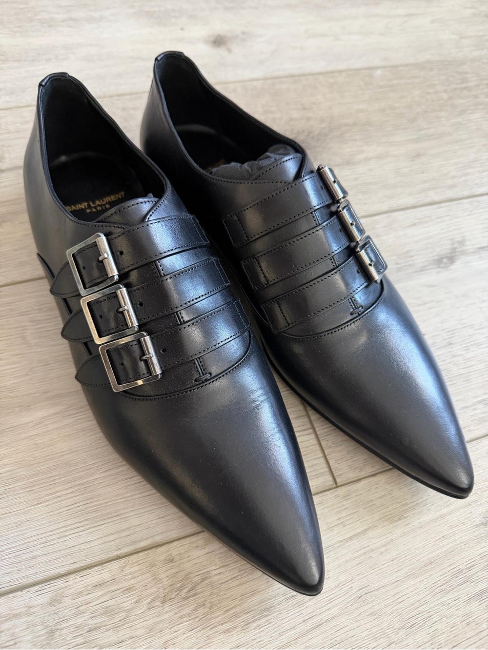 Saint Laurent Black Leather Triple Buckle Derby Shoes